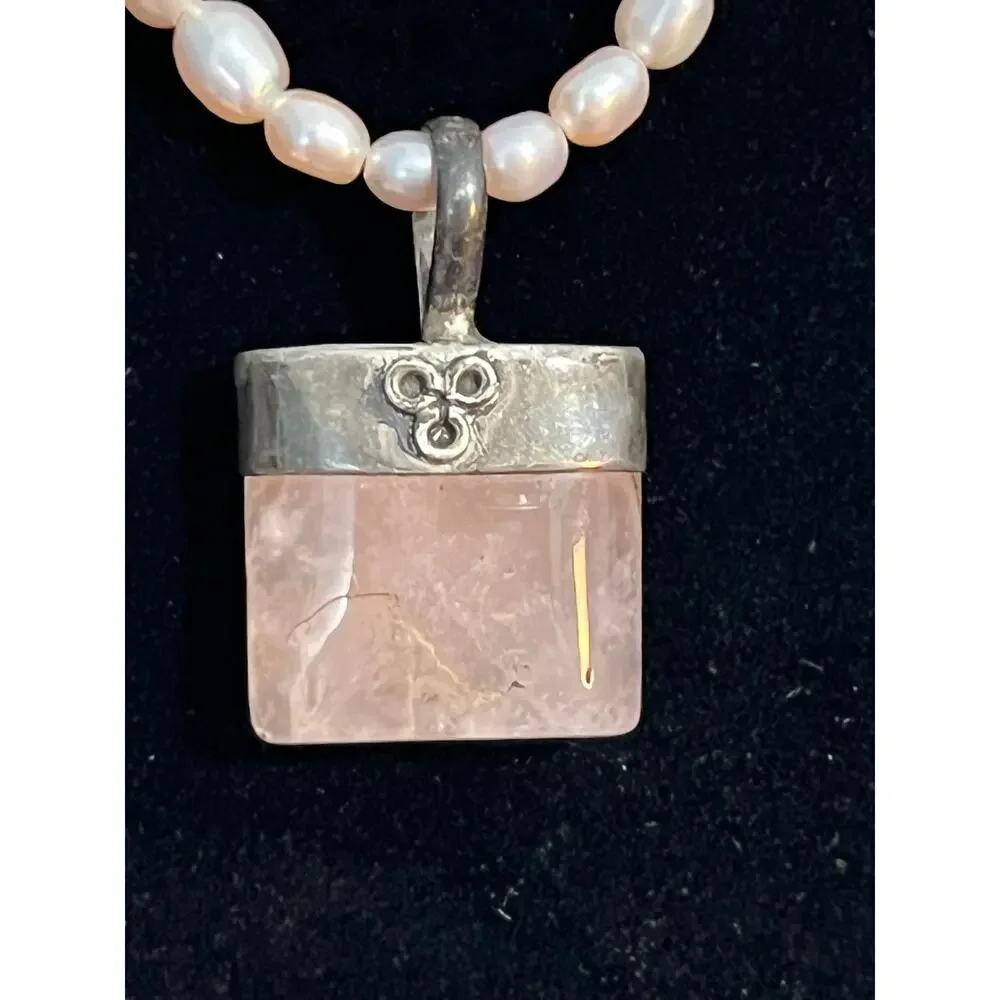 Sterling Silver 925 Rose Quartz Pendant Necklace Pink Freshwater Pearls Artisan
